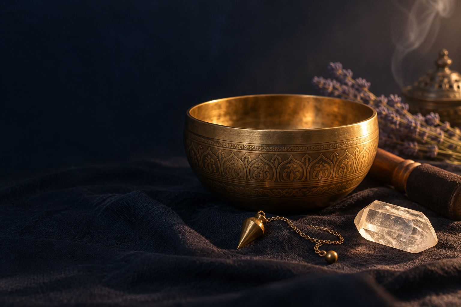 Bol chantant en laiton, quartz et pendule baignés d’une lumière cuivrée